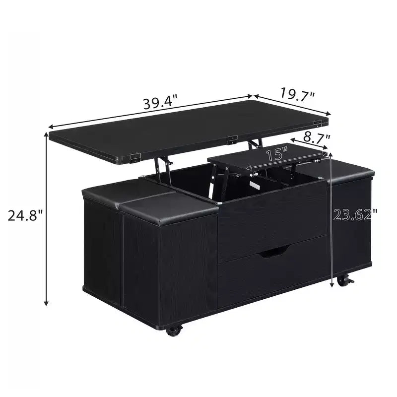Mesa de centro moderna multifunções com tampo elevável, arrumação oculta, 4 bancos e rodízios, perfeita para espaços de estar modernos
