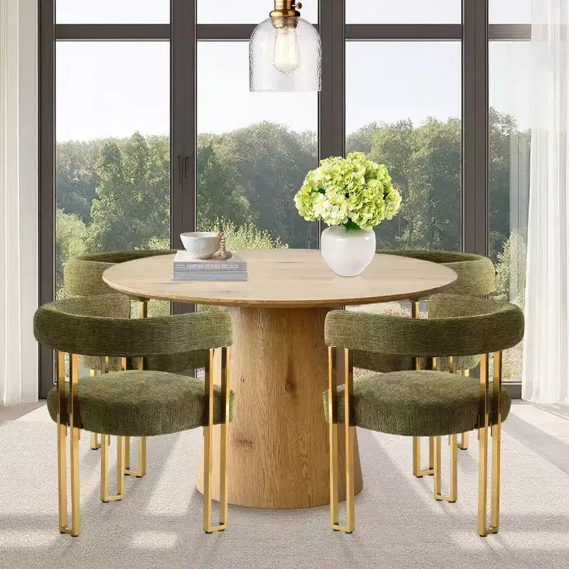 Conjunto de mesa de jantar extensível de redonda para oval com 4 cadeirões de veludo, design moderno com pé central, acomoda até 8 pessoas-Panipeachy