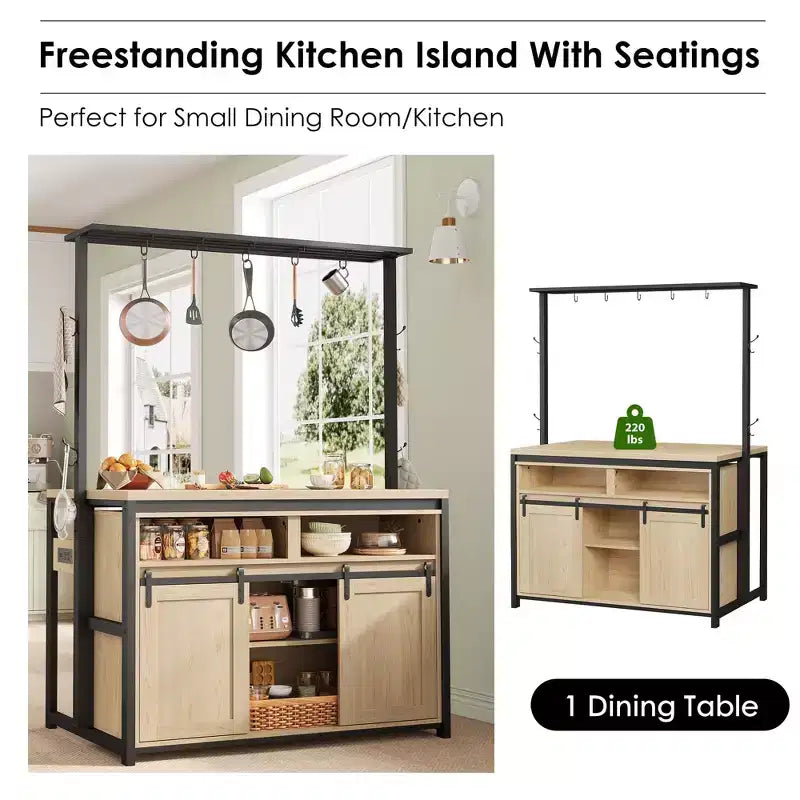 Îlot de cuisine, étagère de boulanger avec porte coulissante de grange, grande table îlot de cuisine de 42 po avec meuble pour micro-ondes à 3 niveaux, étagères pour four et ensemble de table-bar à café