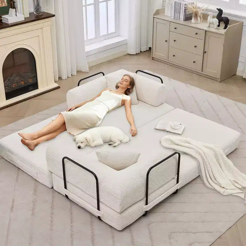 4-in-1-Schlafsofa, 79 Zoll rahmenlose Faltbodenmatratze aus Cord mit Kissen, ohne Montage, Loveseat für kleine Wohnungen