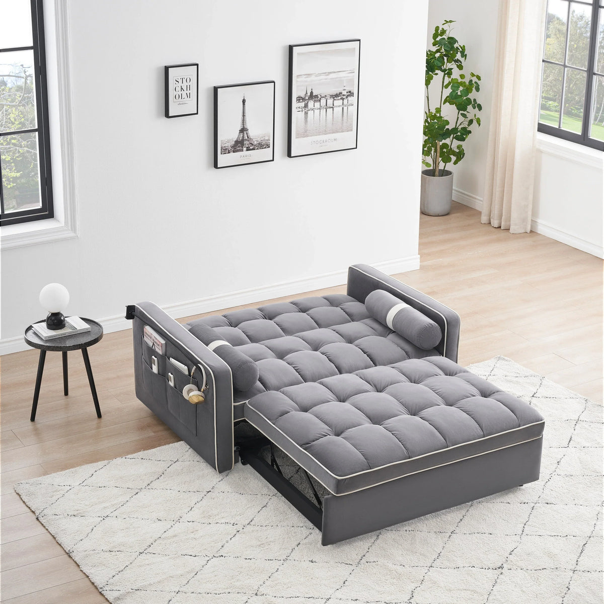 Sofá-Cama Convertível de Veludo para 2 Pessoas, com 55', Cama Extensível, Encosto Reclinável Ajustável, Bolsos Laterais e Suporte para Telemóvel