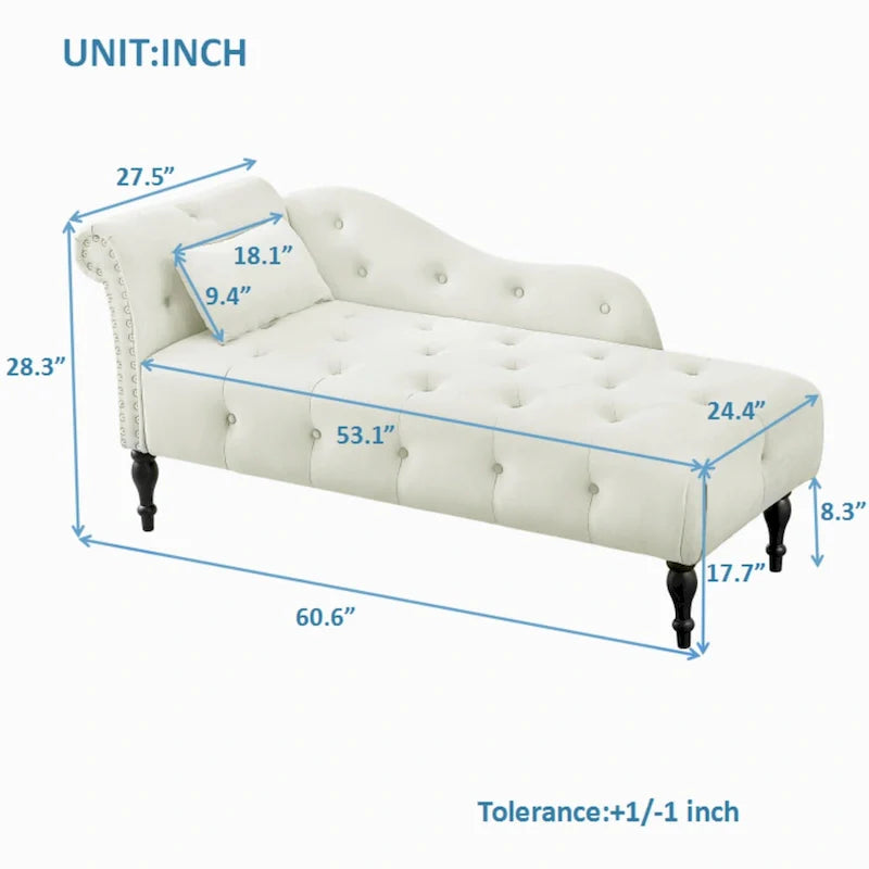 Moderne chaise longue van 60,6 inch met fluwelen bekleding, gecapitonneerde knopen, massief houten poten en sierspijkers