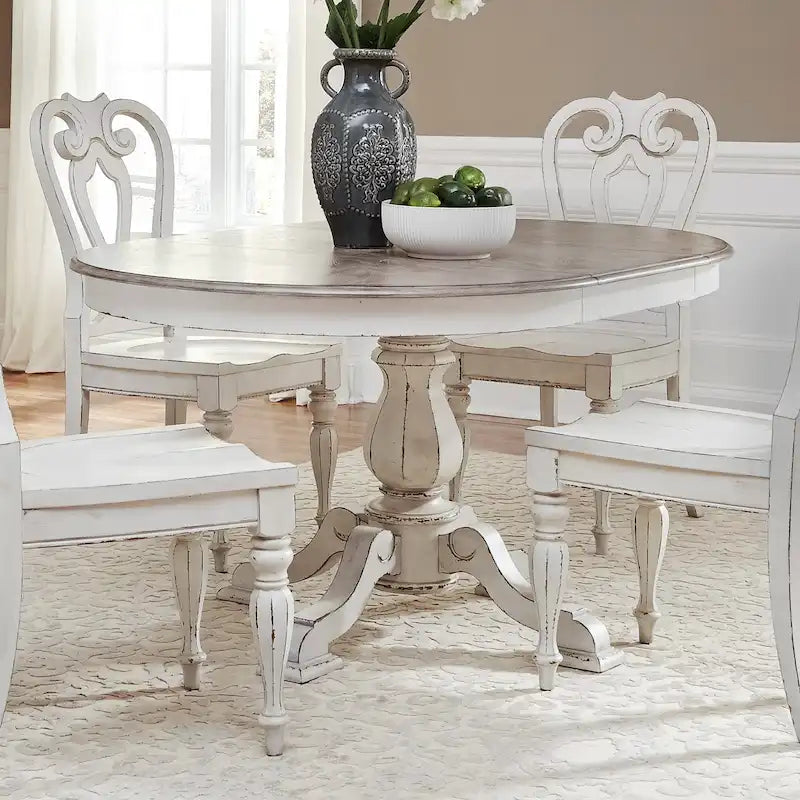 Mesa de jantar redonda com pé central Magnolia Manor e extensões - 2 acabamentos