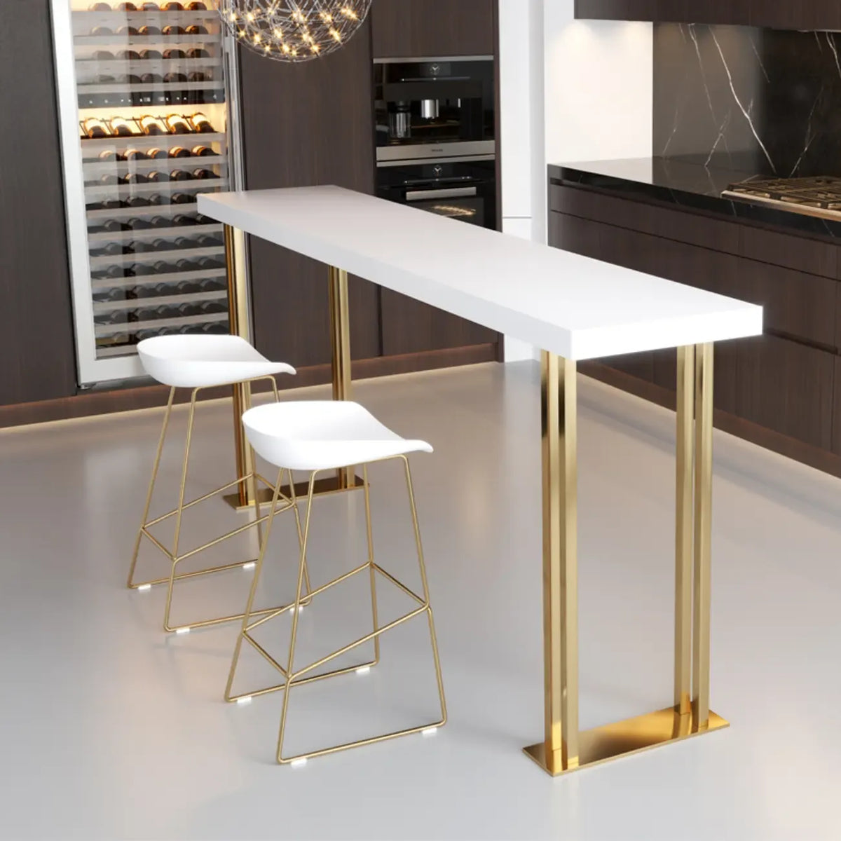 Luxuriöser rechteckiger Bartisch aus Holz mit goldfarbenem Kufengestell zum Essen