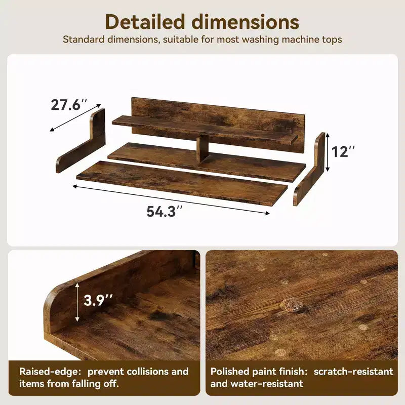 Dessus de lave-linge et sèche-linge en bois, plan de travail de buanderie de 54 po avec étagère de rangement à 2 niveaux, surface de travail antidérapante avec rebords pour l'organisation de la buanderie