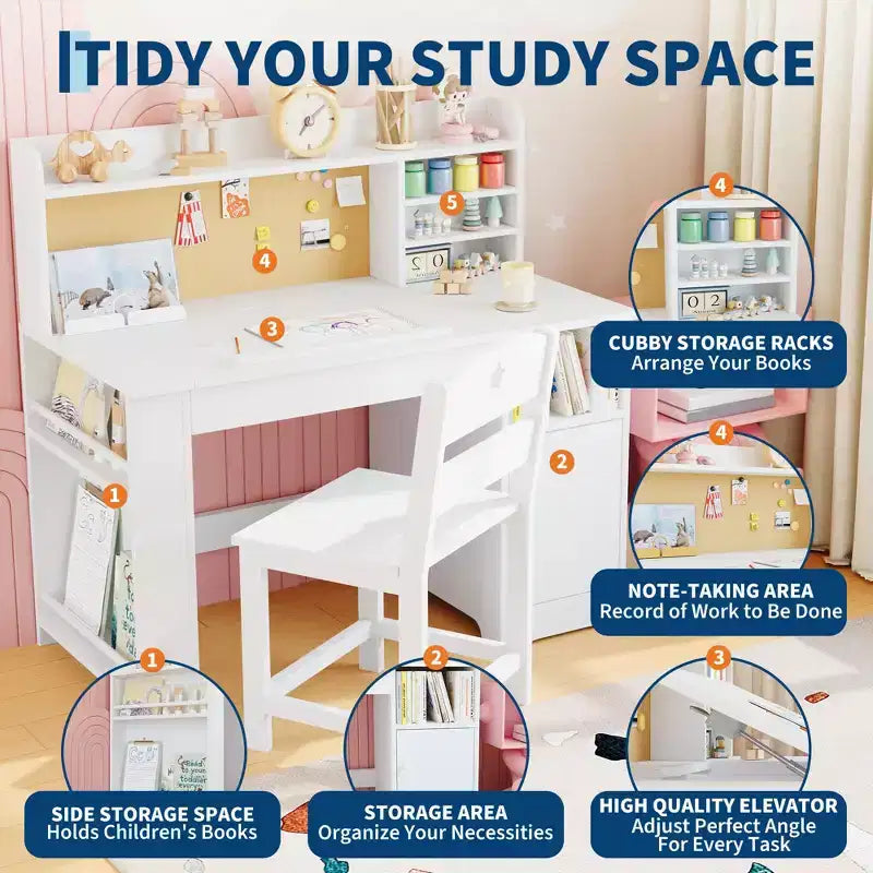 Ensemble bureau et chaise d’étude pour enfants avec rangement, bureau d’étude pour enfants avec dessus et plateau inclinable, de 3 à 8 ans, table d’écriture pour chambre