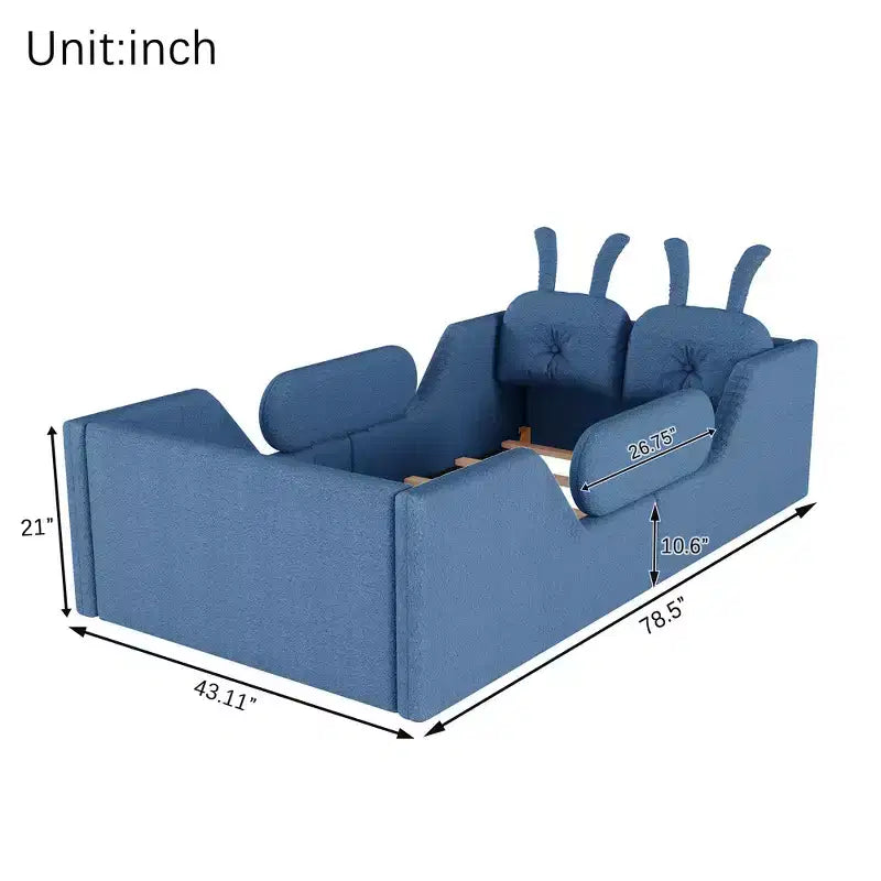 Whisen Einzelbett mit Plattform, gepolstertes Bodenbettgestell für Kinder mit Hasenkissen und abnehmbaren Seitengittern