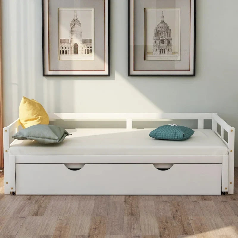 Letto da giorno allungabile con letto estraibile, letto da giorno in legno con letto estraibile