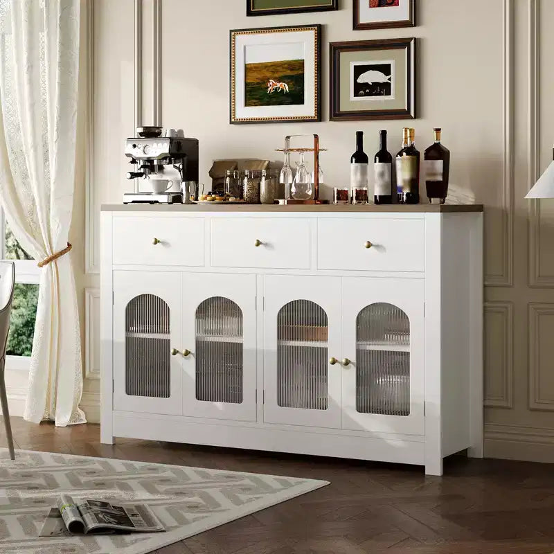 Buffet étroit de 140 cm avec rangements, meuble d’appoint avec 3 tiroirs et 4 portes pour cuisine, salle à manger et salon