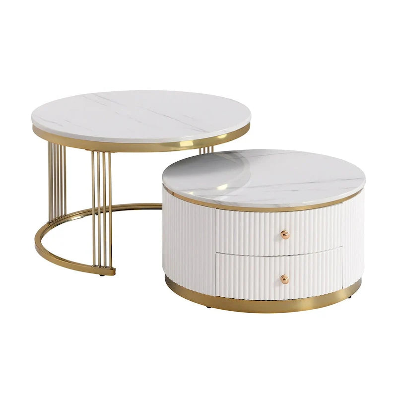 Set di 2 tavolini da salotto rotondi bianchi sovrapponibili con cassetti