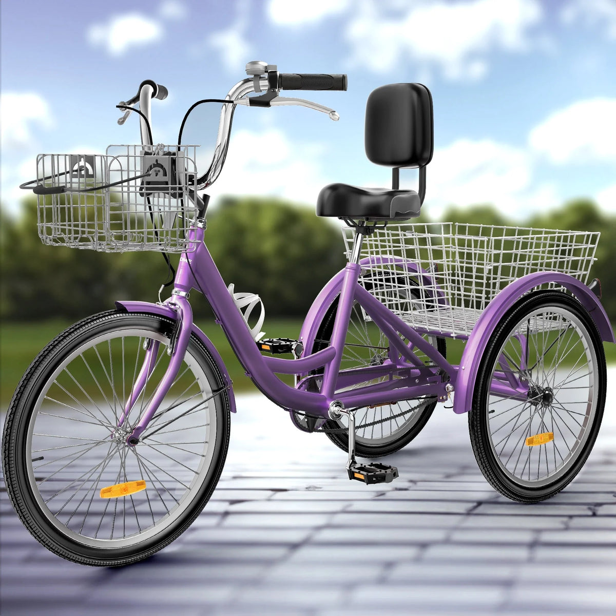 Tricycle pour adulte bleu de 26 po, vélo à 3 roues avec paniers amovibles