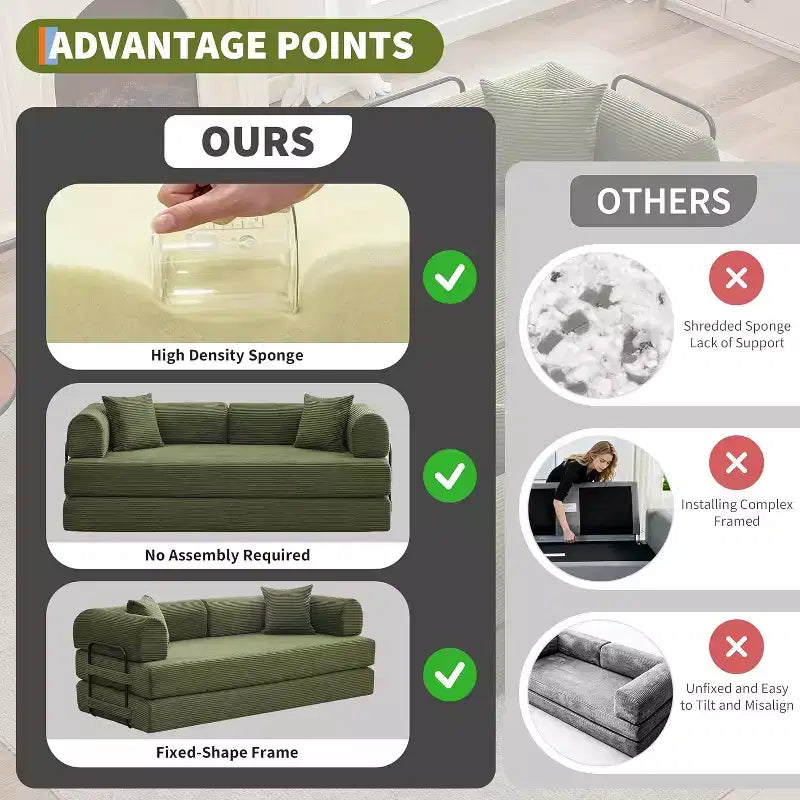 2-in-1 slaapbank, comfortabele opklapbare corduroy-slaapbank met diepe zitting en brede armleuningen, bank zonder frame voor woonkamer en appartementen