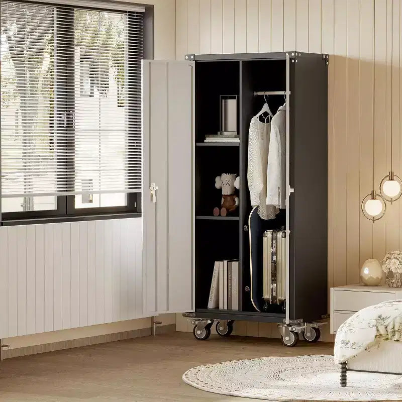 Armoire de rangement de garage à roulettes avec panneau perforé, armoire métallique verrouillable de 72 pouces de hauteur avec 2 portes et 4 étagères réglables pour atelier de garage