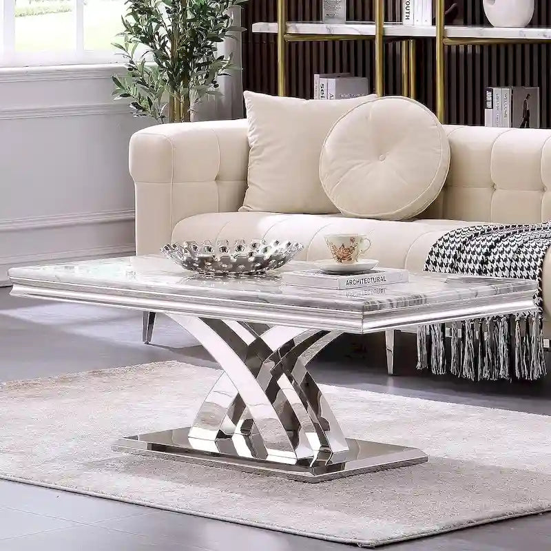 Moderner Couchtisch, 48 Zoll, rechteckig, mit X-förmigem Sockel für das Wohnzimmer