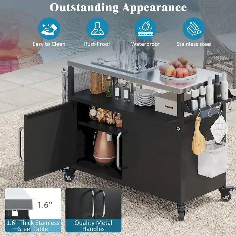 Isola da cucina per esterni con piano in acciaio inox, tavolo carrello per barbecue in metallo con mobiletto contenitore - N/A