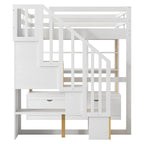 Lit mezzanine double en bois massif naturel et blanc avec bureau et tiroirs