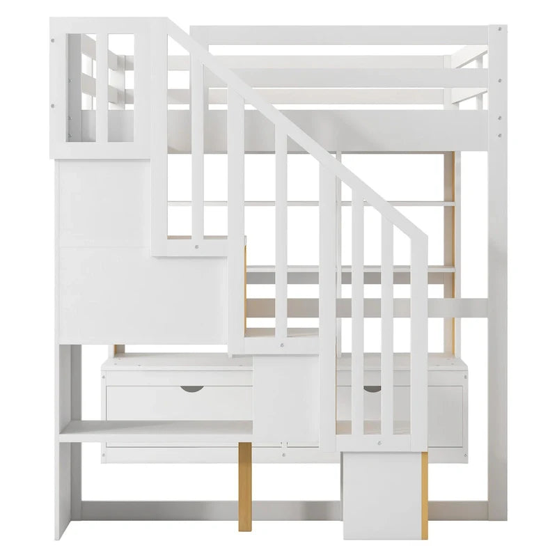Lit mezzanine double en bois massif naturel et blanc avec bureau et tiroirs