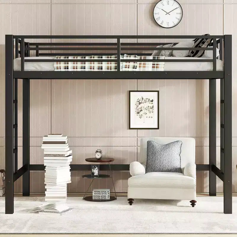 Letto a soppalco in metallo, struttura salvaspazio con doppia scala e sponde di sicurezza, nero - ModernLuxe