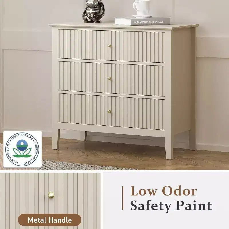 Comò Heynemo a 3 cassetti, comodino in legno verniciato alto 30 pollici con contenitore, ampia cassettiera moderna con guide a sfere