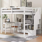 Hochbett in Twin-Größe mit L-förmigem Schreibtisch, 3 Schubladen, Schrank und Stauraum in der Treppe, Konstruktion aus massivem Kiefernholz/MDF