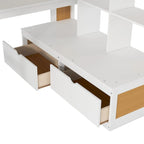 Lit mezzanine double en bois massif naturel et blanc avec bureau et tiroirs