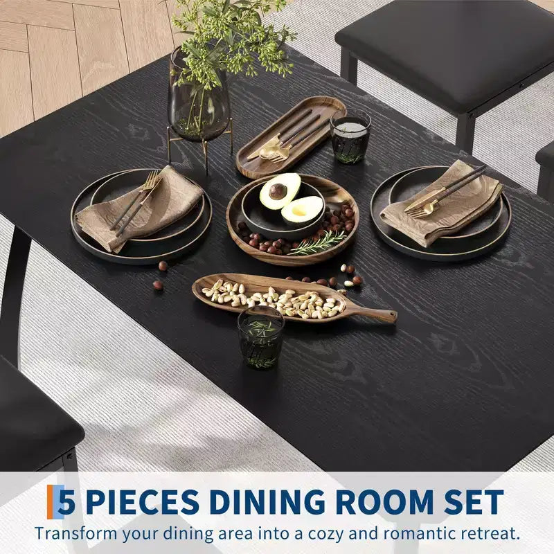 Ensemble table et chaises de cuisine à structure métallique en 5 pièces, avec design chanfreiné