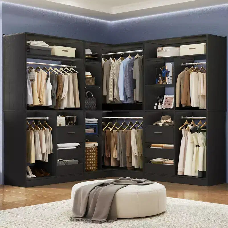 Ensemble Besiost de 3 éléments pour dressing d’angle avec étagères en colonne et tiroirs, organisateur de dressing autoportant avec tringles
