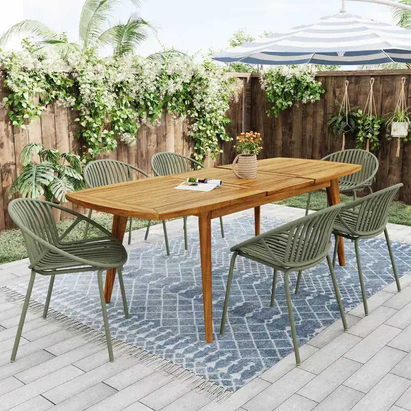 7-teiliges erweiterbares Outdoor-Patio-Essset mit stapelbaren Stühlen und Tisch aus Akazienholz