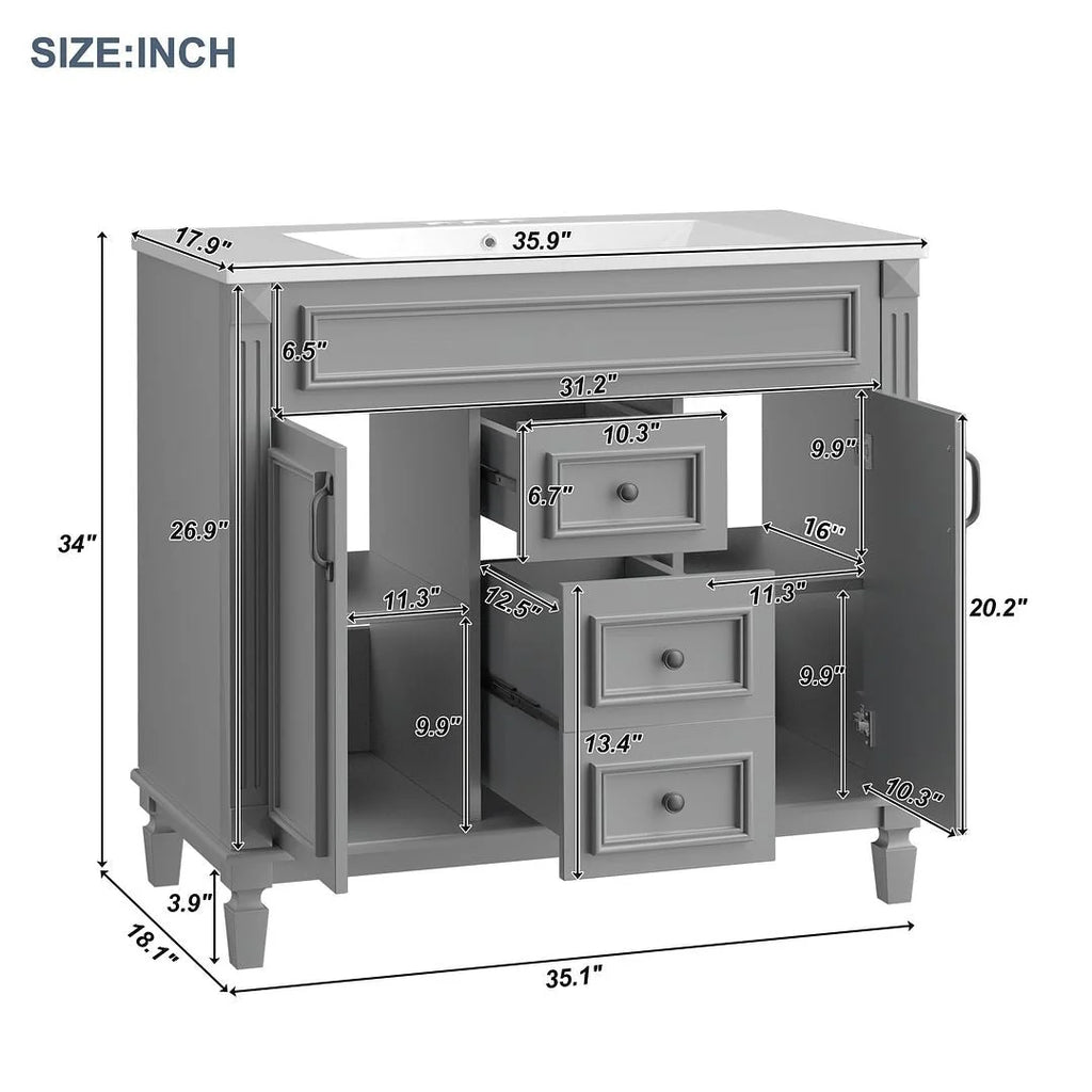 36-Zoll moderner Waschtischunterschrank mit Aufsatzwaschbecken und Spiegelschrank, 2 Türen und 2 Schubladen