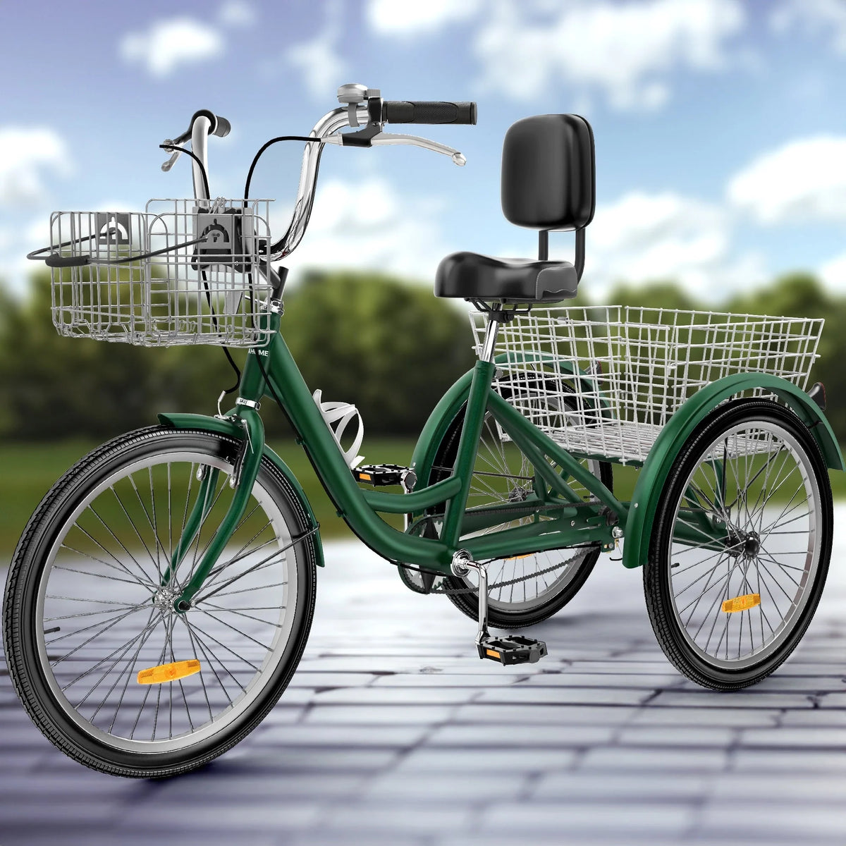 Tricycle pour adulte bleu de 26 po, vélo à 3 roues avec paniers amovibles