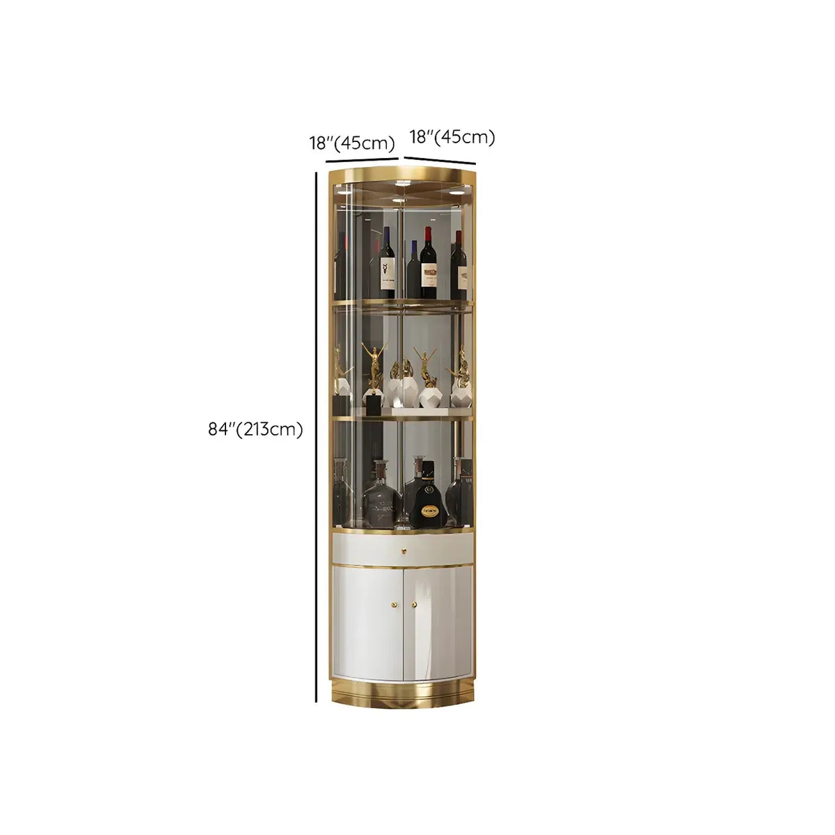 Vitrina de canto glamorosa com vidro brilhante e metal dourado, de formato arredondado