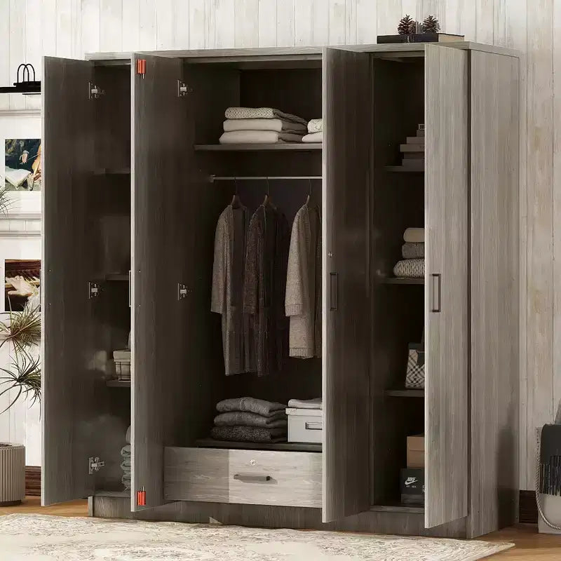 Armoire-penderie en bois à 4 portes avec tringle, 1 tiroir et étagères de rangement