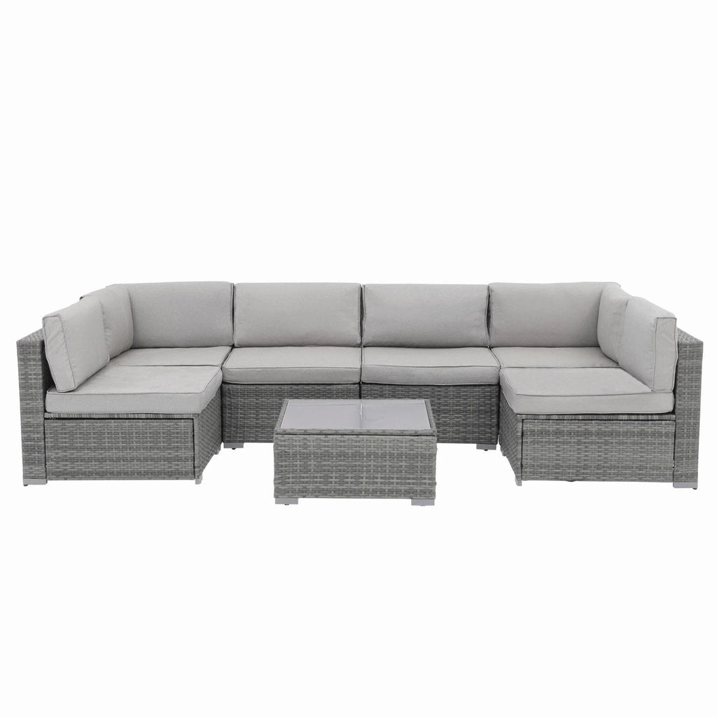 Ensemble de canapé modulaire d’extérieur rembourré en osier et acier, 7 pièces