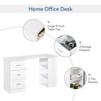 HOMCOM 47 modern thuiskantoorbureau met boekenkast, schrijftafel en werkplek, met 3 laden en opbergplank - wit