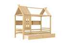 Huisbed met opbergladen en raam, frame van massief hout met planken, speels kinderdesign, lichtwit