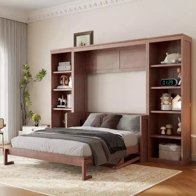 Lit escamotable mural pleine taille/queen gain de place avec bureau et bibliothèque, brun foncé – ModernLuxe