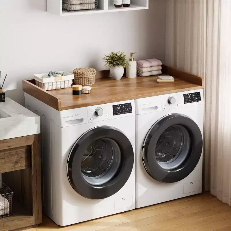 Plan de travail pour lave-linge et sèche-linge, plateau de buanderie avec rebord surélevé et tapis antidérapant pour panier à linge, rangement et organisation de la buanderie
