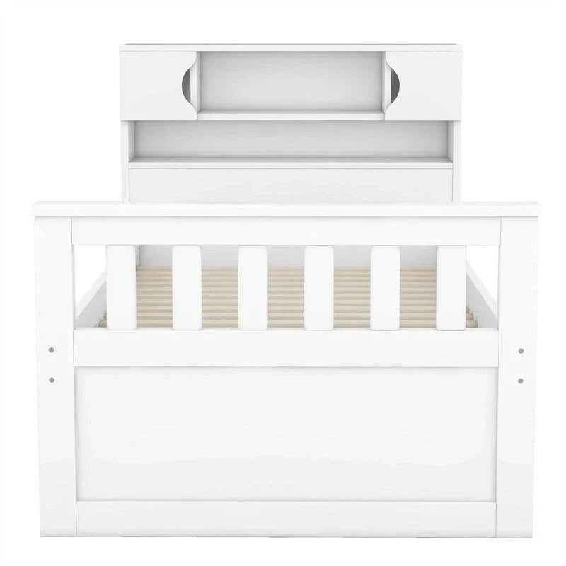 Letto a piattaforma Captain matrimoniale o singolo con 4 cassetti e ripiani contenitori, struttura in legno massello con testiera libreria contenitore