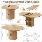 Dyonery 63 Extendable Round Kitchen Dining Room Table with 2-Tier Storage Shelf, with Pedestal Base, Wood Oval Circle Dinner Furniture, Walnut