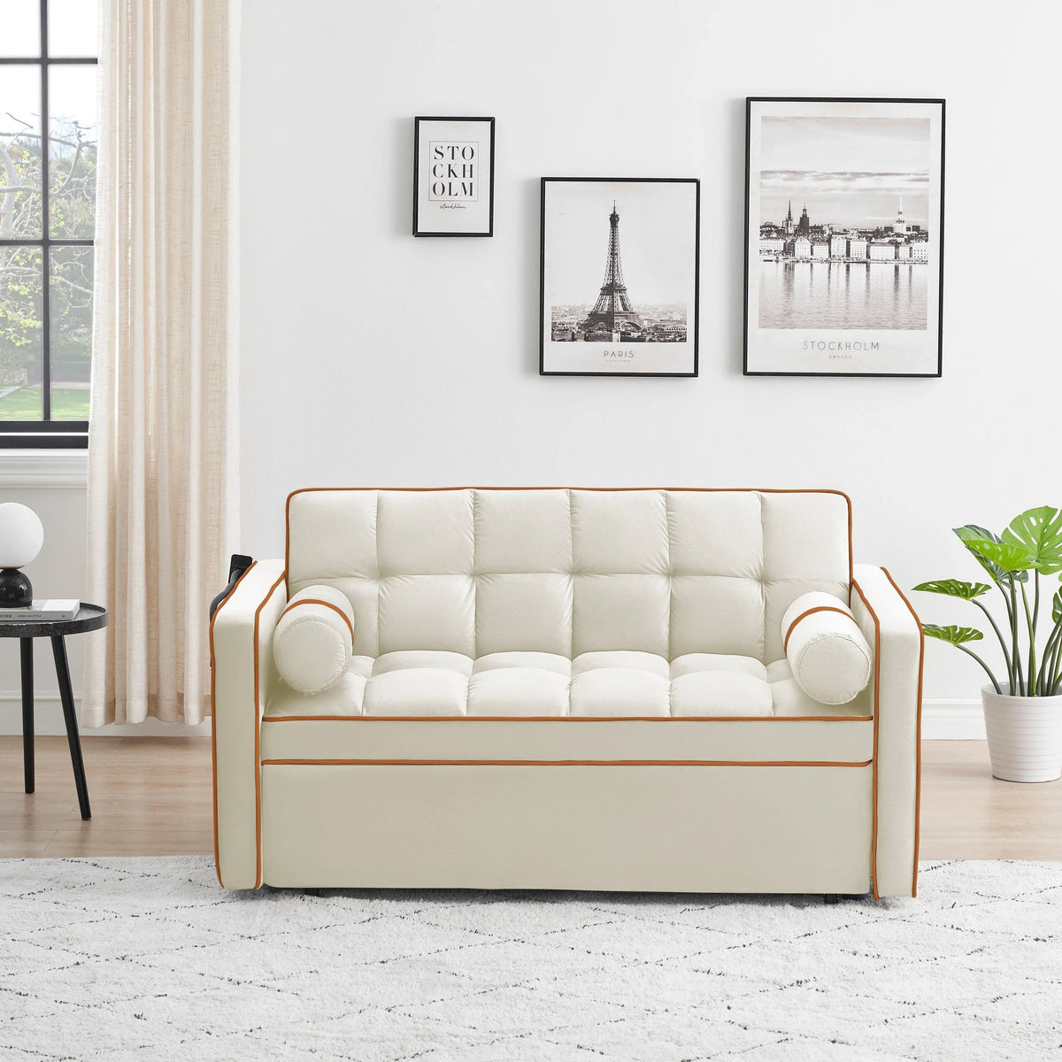 Sofá-Cama Convertível de Veludo para 2 Pessoas, com 55', Cama Extensível, Encosto Reclinável Ajustável, Bolsos Laterais e Suporte para Telemóvel