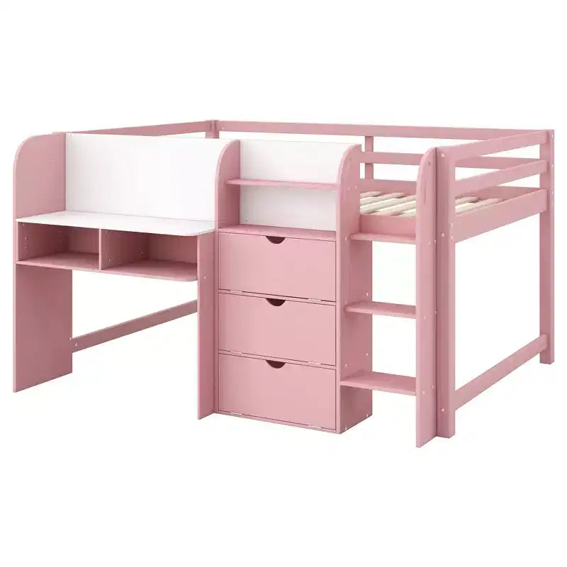 Letto rialzato basso rosa/bianco con scrivania, spazio contenitore e lavagna bianca -C singolo, 1 persona