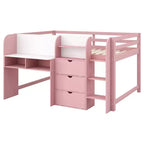 Letto rialzato basso rosa/bianco con scrivania, spazio contenitore e lavagna bianca -C singolo, 1 persona