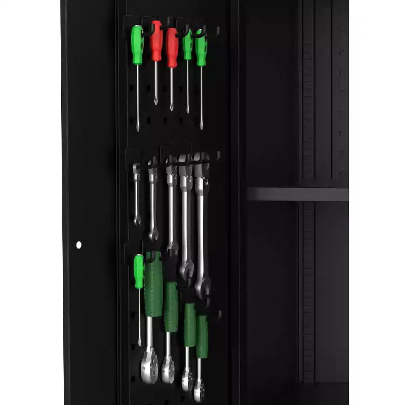 Armoire de rangement de garage à roulettes avec panneau perforé, armoire métallique verrouillable de 72 pouces de hauteur avec 2 portes et 4 étagères réglables pour atelier de garage