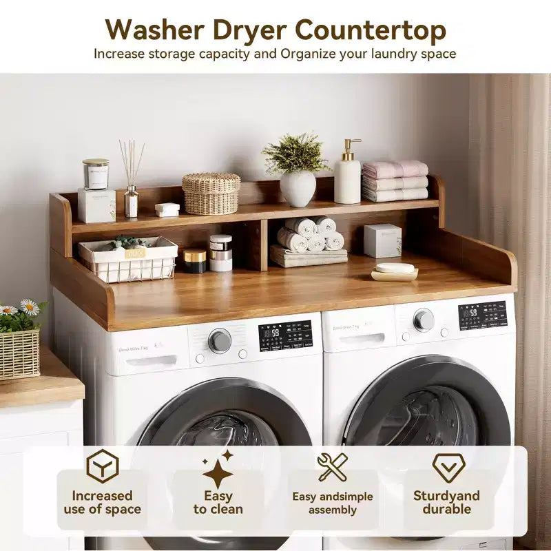 Dessus de lave-linge et sèche-linge en bois, plan de travail de buanderie de 54 po avec étagère de rangement à 2 niveaux, surface de travail antidérapante avec rebords pour l'organisation de la buanderie