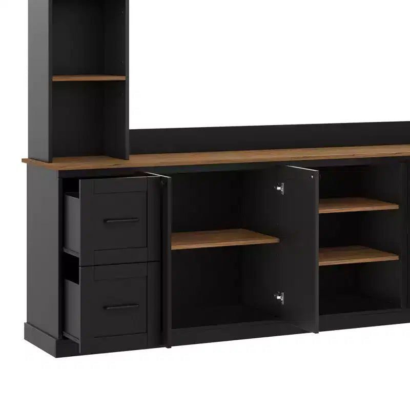 Ensemble mural de centre multimédia de style ferme 4-en-1 ModernLuxe, compatible avec les téléviseurs jusqu'à 70 pouces, meuble TV avec étagères réglables et tiroirs