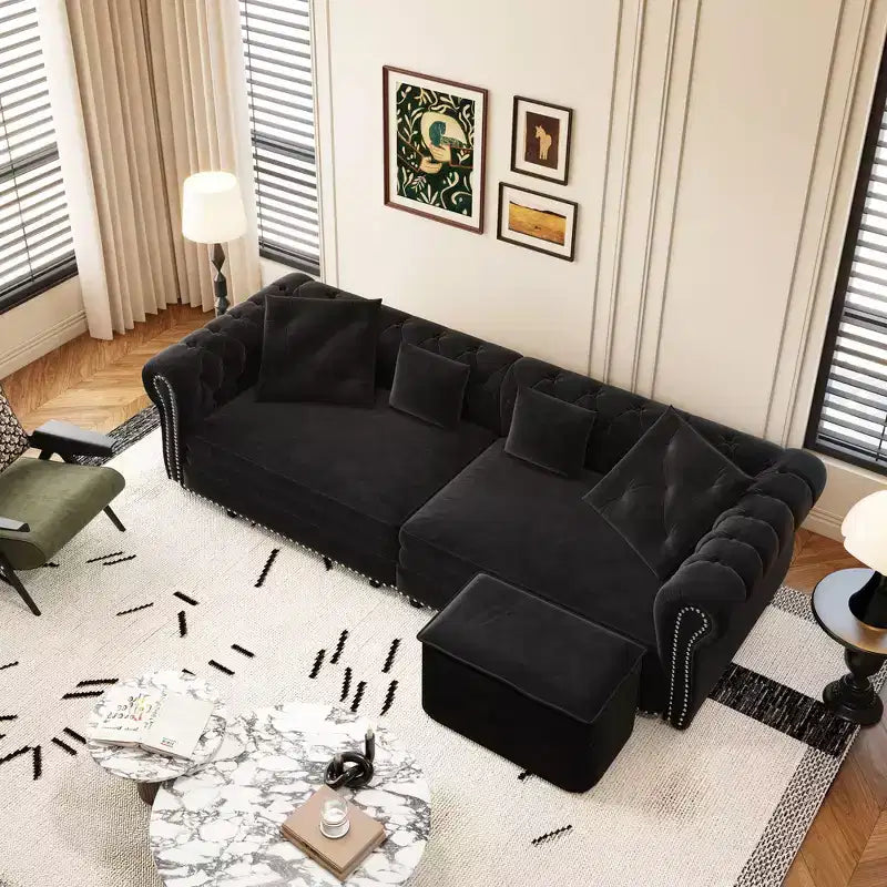 Whisen fluwelen 3-in-1 kingsize slaapbank en converteerbare slaapbank met verplaatsbare hocker, gecapitonneerd ontwerp