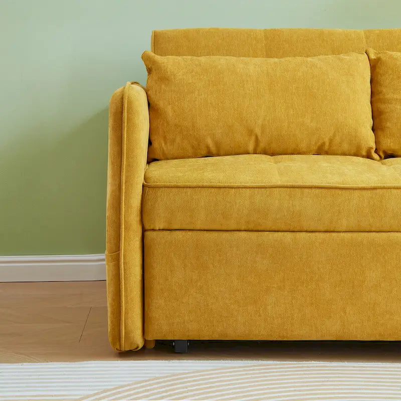 Rozkładana sofa z funkcją spania, tapicerowana żółtą tkaniną szenilową – 39.00 x 53.50 x 31.50