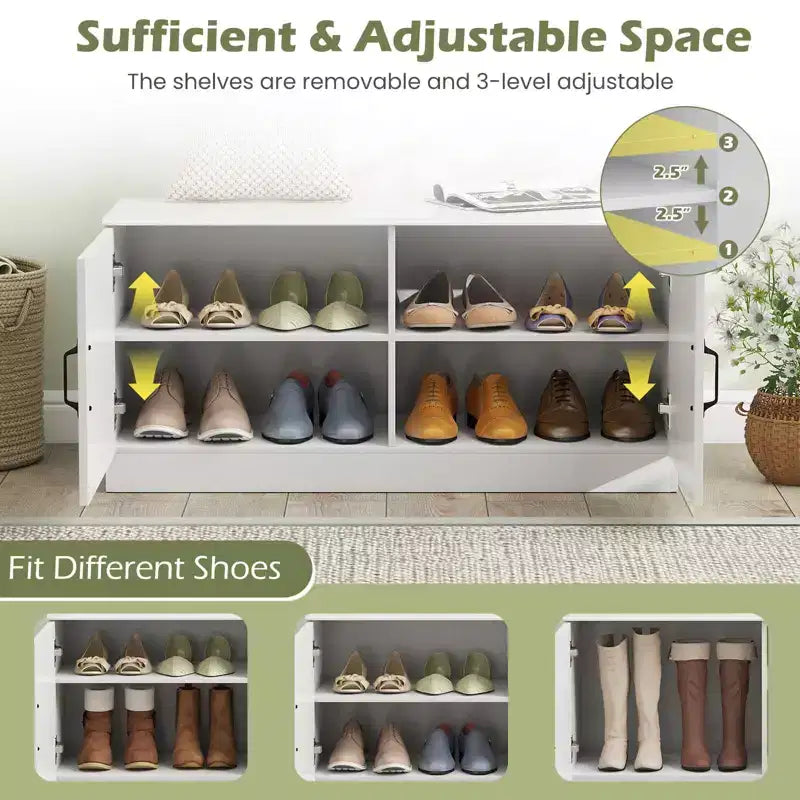 Banc à chaussures à 2 portes avec étagères réglables et espace de rangement dissimulé, naturel + blanc/Whi5te