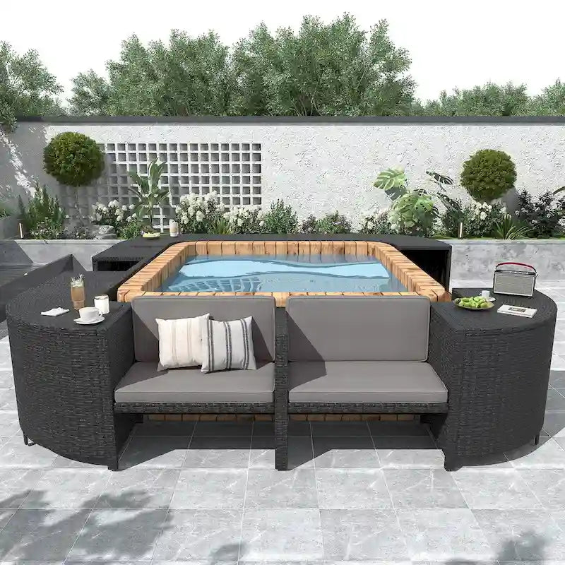 Spa-Umrandung, Spa-Gestell, viereckiges Outdoor-Lounge-Set aus Polyrattan
