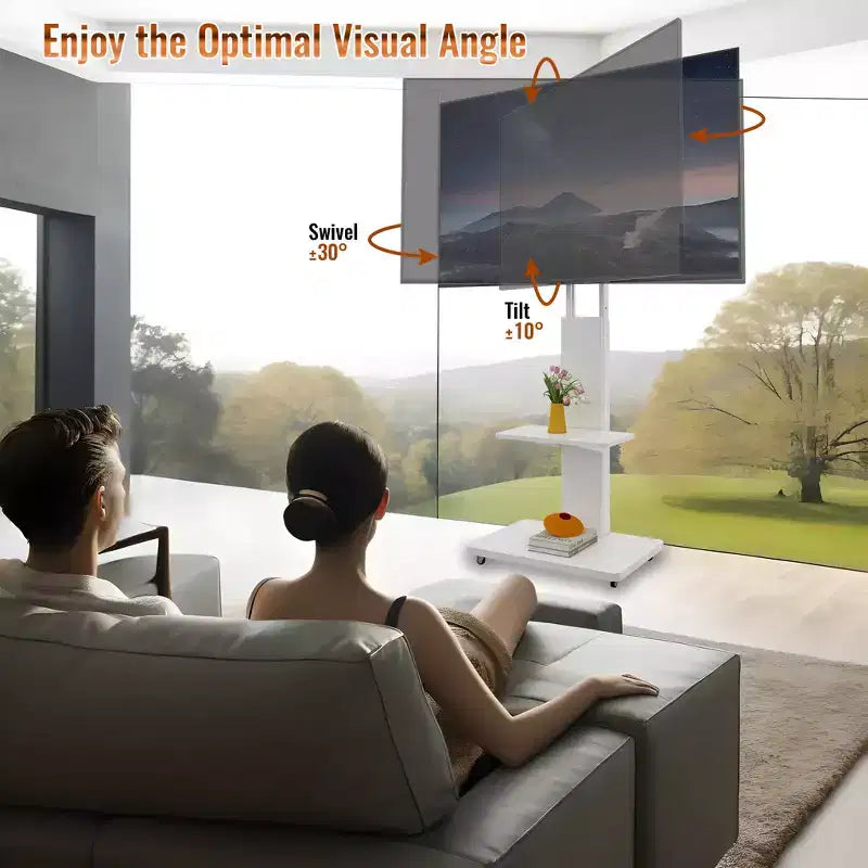 TV stolek pro televizory 32-75, mobilní TV vozík s nastavitelnou výškou, zásuvkou a kolečky do obývacího pokoje, ložnice nebo kanceláře -ModernLuxe